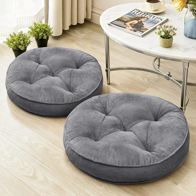 1 MIDDLE ONE Floor Pillow Set of 2, Memory Foam Meditation Cushion, Floor Cushions for Adults Sitting, Large Round Seat Cushions for Yoga, Living Room, 20x20 Inch (Round | Grey) by 1MIDDLEONE