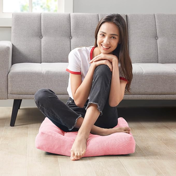 Floor Pillows Set of 2, Large Meditation Cushion for Adults, 22 Inch Square | Reading nook & office use, Tatami seating, Corduroy cover, 3.5 in thick, Shredded memory foam fill, Pink yoga pad - Image 5