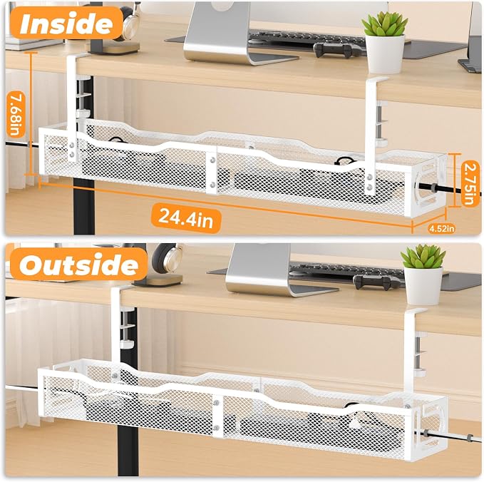 Under Desk Cable Management Tray, No Drill Steel Desk Cable Organizers, Wire Management Tray Cable Management Rack (24.4" Length-White) - Image 8