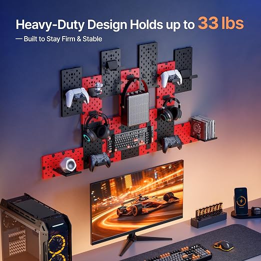 PEGZONE Controller and Headphone Holder Wall Mount, 14pcs, Black & Red | Modular Gaming Pegboard with Accessories, Controller Stand, Disc Shelf Organizer - Image 6