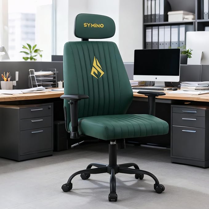 Symino Office Chair Ergonomic with 109° Rocking Function, Premium PU Leather, Integrated Lumbar Support, Adjustable Headrest & Armrests, Swivel Desk Chair - Image 2