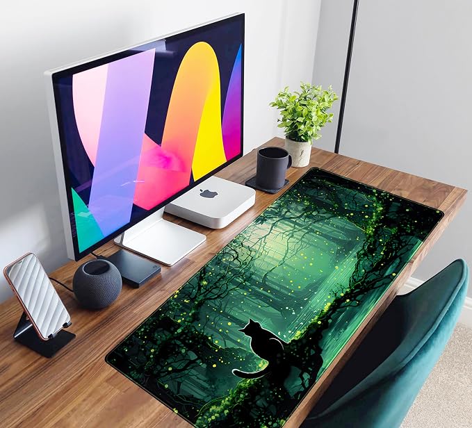 Kawaii Green Forest Desk Pad Mouse Pad Cute Black Cat Desk Mat, XXL Extended Anime Cats Large Gaming Mousepad, Computer Keyboard and Mouse Deskpad Decor Deskmat with Stitched Edges Mat 31.5x15.7 in - Image 6