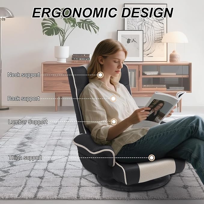 Swivel Floor Chair for Adults, 14-Position Adjustable Floor Gaming Chair with Back Support & Armrests, Foldable Lazy Sofa Lounge, Breathable Mesh for Gaming Reading Meditation (Grey/Beige) - Image 6