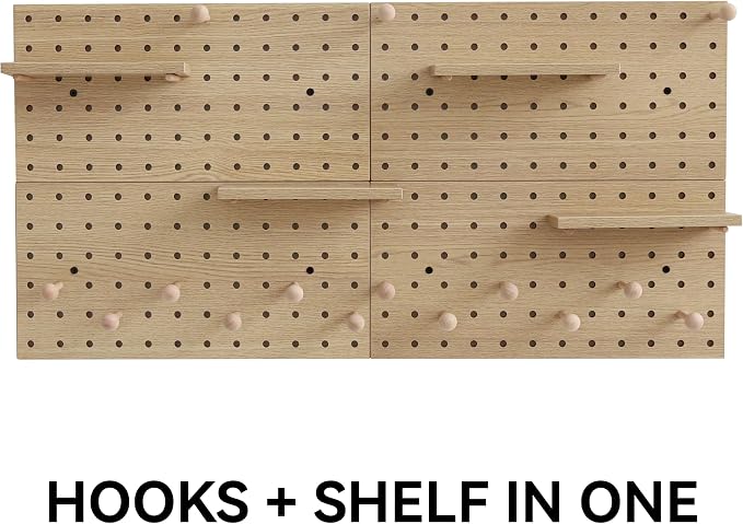 Wooden Pegboard Modular Display Organization Storage Wall Hooks Shelf (Oak Colored Finish-B-4) - Image 8