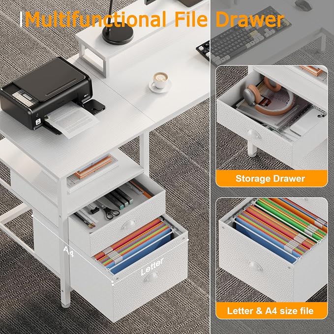 Furologee White 59” L Shaped Desk with Power Outlet, Reversible Computer Desk with File Drawer & 2 Monitor Stands, Corner Home Office Table with Storage Shelves for Gaming Writing - Image 7