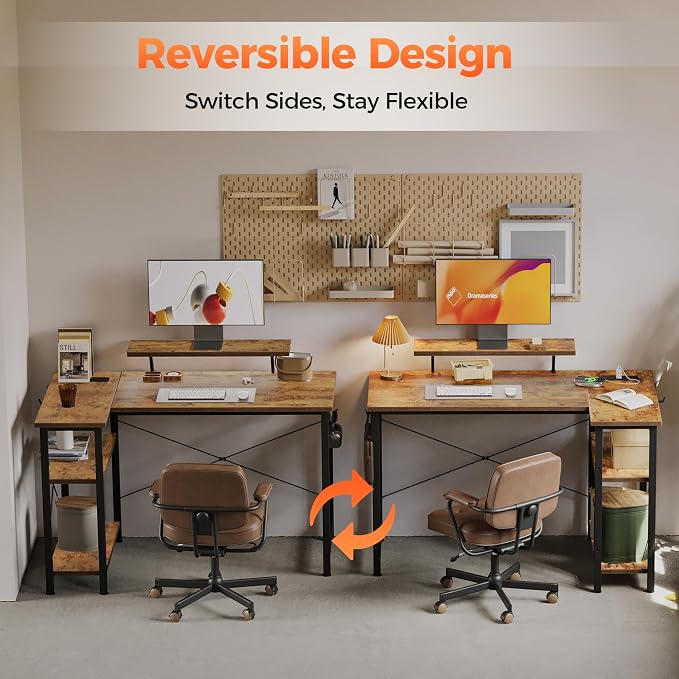 Mericonia 48 in Corner Desk with Monitor Stand, Small L Shaped Gaming Desk | Reversible Computer Desk with Power Outlets, LED Light & Storage Shelves, Office Table for Home Bedroom Study Work Writing - Image 3