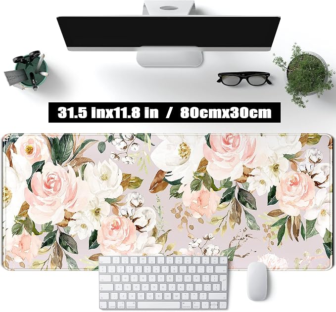 Pink Flowers Keyboard Pad PC Gaming Desk Mat Desk Mouse Pads Green Leaves Floral Mouse Pad Large, Computer XL Big Mousepad Deskpad Mat with Stitched Edge for Women Home Office Decor 31.5x11.8 in - Image 2