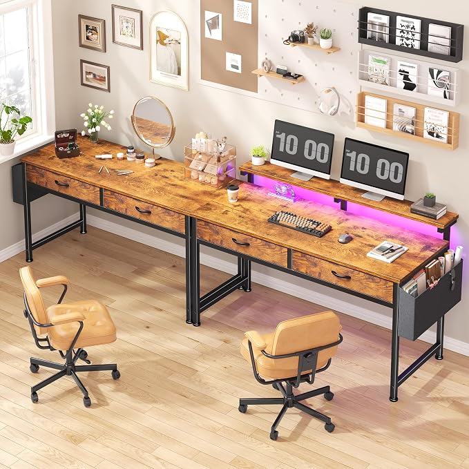 DurayLoly Gaming Desk with 2Drawers & LED Lights,Space Saving,Rustic Brown - Image 7