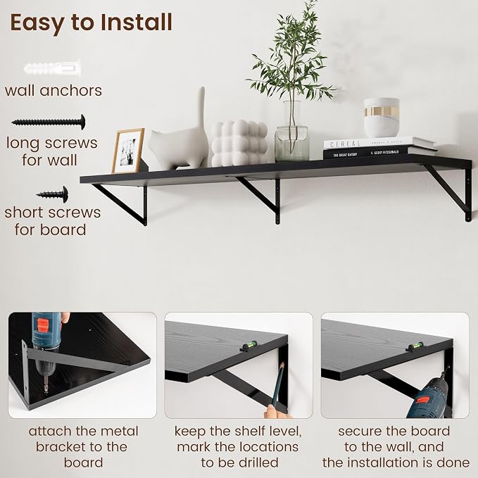 Axeman Floating Shelves for Wall Black- 55 Inch Wide x 12 Inch Deep Wall Shelves Set of 2 - Black Deep Wood Floating Shelves for Living Room Bedroom Laundry Room - Image 6