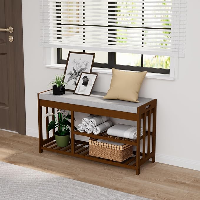 Bamboo Shoe Storage Bench with Cushioned Seat 3-Tier Entryway Shoe Rack - Image 5