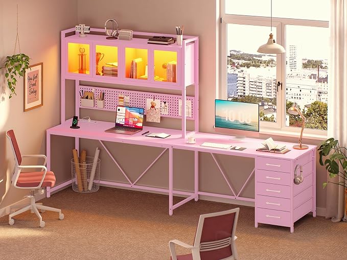 SEDETA L Shaped Gaming Corner Desk with Drawers, Hutch and Storage Shelves | Reversible L Shaped Computer Desk, Gaming Desk with Pegboard, Led Lights, and Power Outlet for Home Office, Small Space, Pink - Image 9