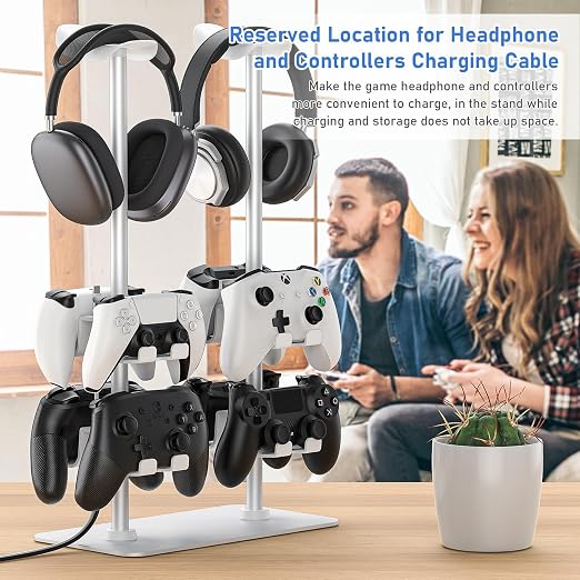 MANMUVIMO Headset Controller Stand for 2 Headset and 8 Controller, Headphone Stand Gaming Controller Holder for PS5 Xbox Airpods Beats Bose, Gaming Room Accessories, Gamer Gifts for Men (White) - Image 7