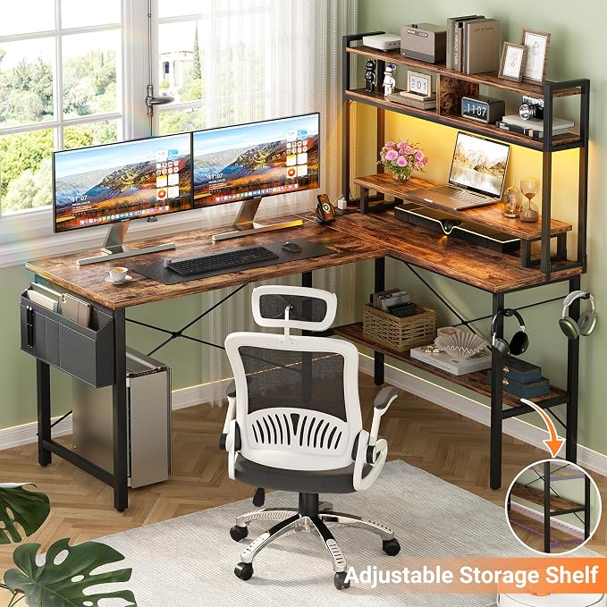 Aheaplus L Shaped Gaming Desk with Power Outlets & LED Lights, Rustic Brown - Image 5
