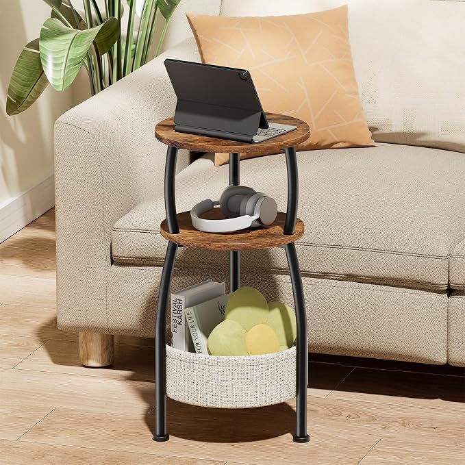 Round Side Table for Small Spaces with Storage Basket, 11.81in - Image 7