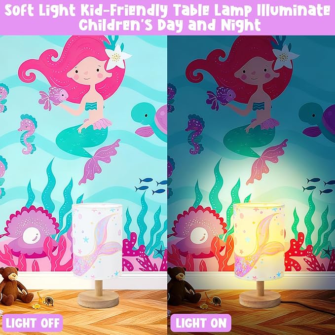 Mermaid Table Lamp for Kids Bedroom - Mermaid Tail Pastel Kids Bedside Lamp with Linen Wooden Nightstand Nursery Lampshade for Girls Room Decor - Image 6