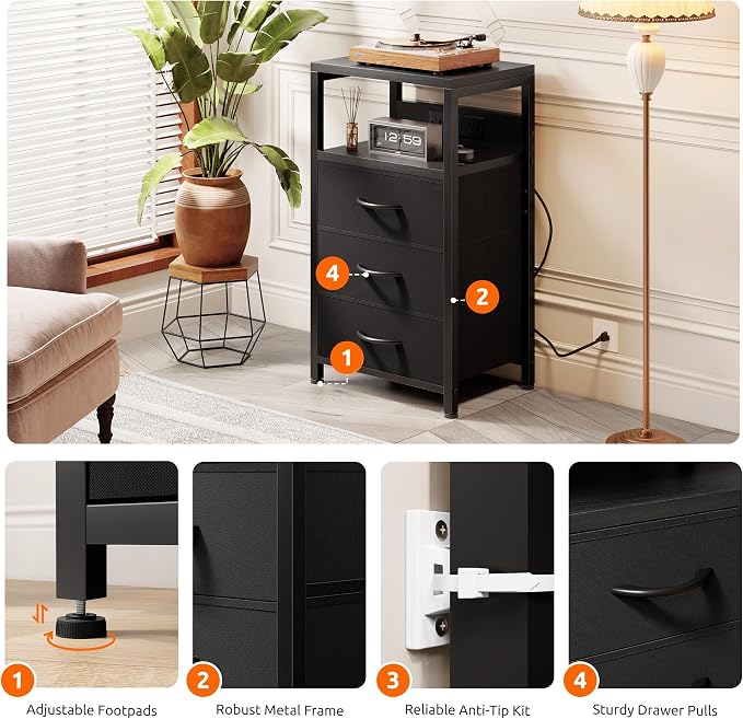 Lazzanto Night Stand with Charger Station, 3 Fabric Drawers, Black - Image 6