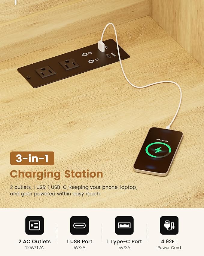 HNEBC Natural Computer Desk - with Power Outlets & Chariging Station,Small Writing Desk with Hutch and Drawers,66.3''H Office Desk with Pull-Out LED Lights,Pop-up Glass Door,Pegboards,Bedroom - Image 4