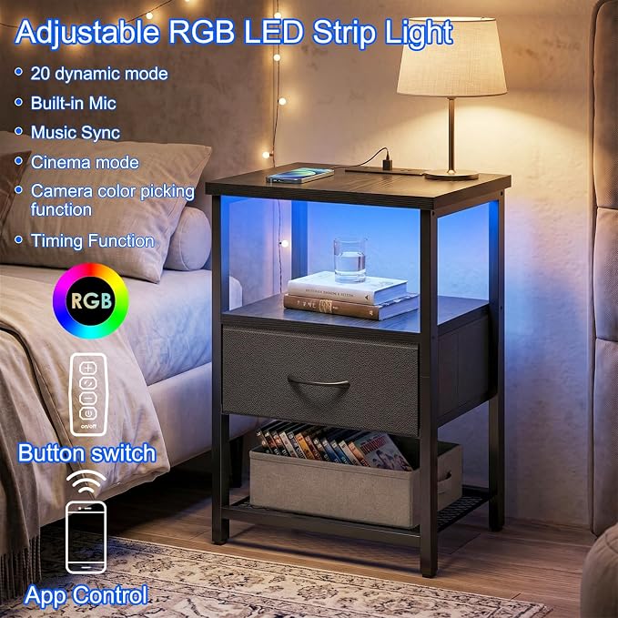 Fixwal Night Stand with Charging Station, Black Led Nightstand, 1 Drawer - Image 4