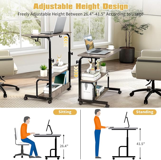 Karl home 31.5" Portable Rolling Computer Desk on Wheels, Grey Oak - Image 6
