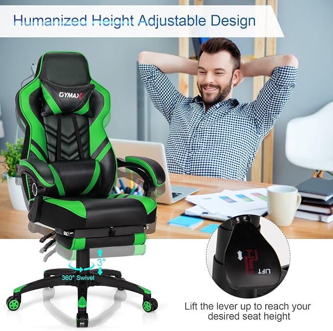 GYMAX Gaming Chair, Ergonomic Computer Chair with Footrest, Linkage Armrests & Lumbar Cushion, Big Wide High Back Video Gaming Chair, Reclining Office Rolling Chair for Adult/Teens (Green) - Image 7