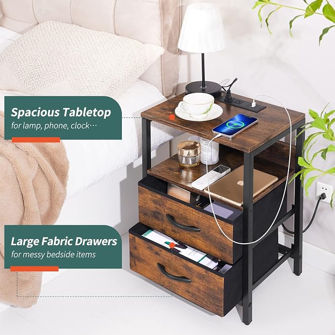 Yoobure Nightstand with Charging Station, Small Night Stand with Fabric Drawers and Storage Shelf for Bedrooms, Small Spaces, Bedside Table with USB Ports & Outlets - Image 6