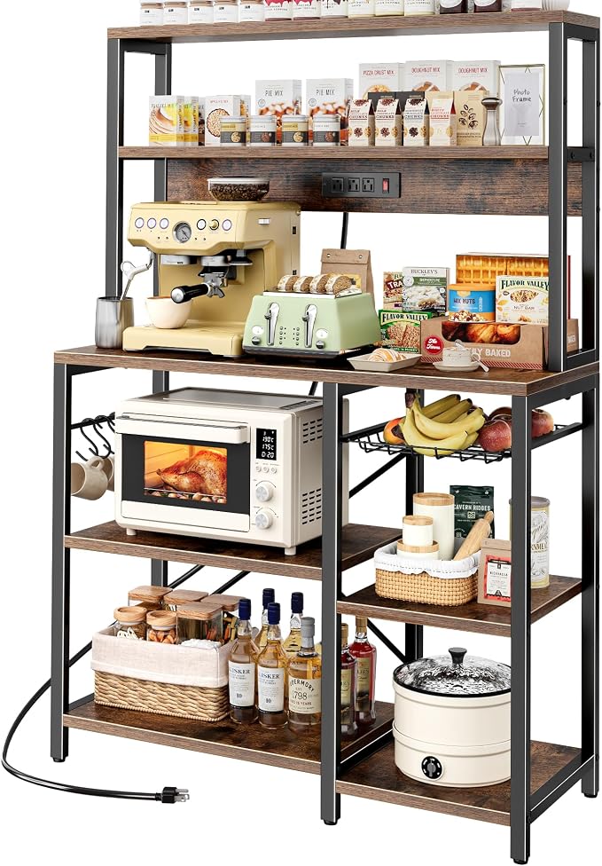 SUPERJARE Bakers Rack with Power Outlet, 35.4 Inches Coffee Bar with Basket by SUPERJARE
