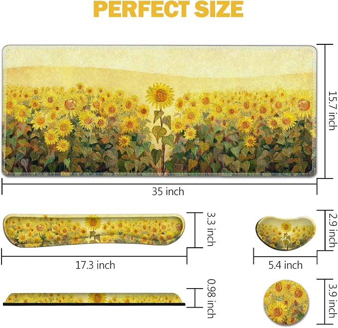 AIMSA Keyboard Mouse Pad Wrist Rest, Extended Gaming Mouse Pad +Wrist Support, Ergonomic Memory Foam,XXL Large Mousepad, 4Pcs (35×15.7 in) Desk Mat, Sunflower Oil Painting - Image 7