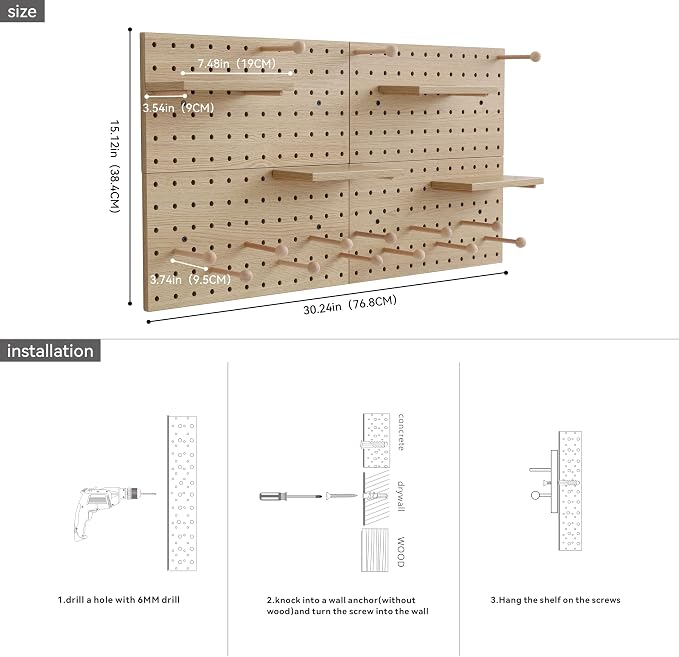 Wooden Pegboard Modular Display Organization Storage Wall Hooks Shelf (Oak Colored Finish-B-4) - Image 4