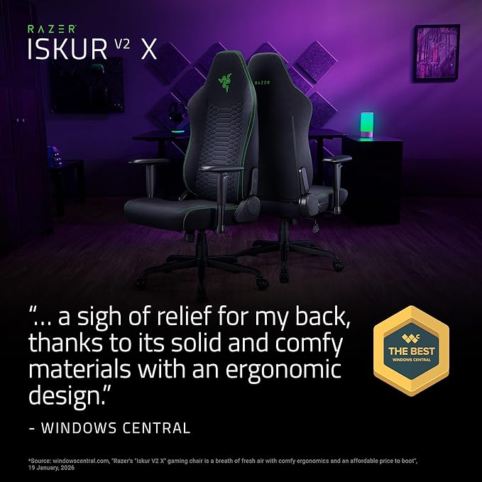 Razer Iskur V2 X Ergonomic Gaming Chair, Black | Built-In Lumbar Support, Wide Seat, High Density Foam Cushions, Adjustable 152 Degree Recline, 2D Armrests, Plush Fabric - Image 3