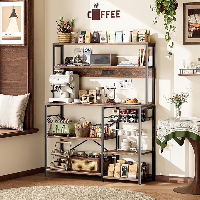 SUPERJARE Bakers Rack with Power Outlet, 47.2 Inches Coffee Bar with Basket - Image 9