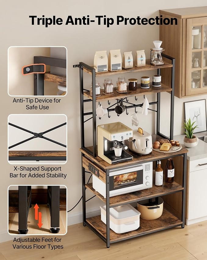 VEVOR Kitchen Bakers Rack with Power Outlets, 31.5 x 15.7 x 63.7Inch Microwave Stand with Built-in Power Strip & 5 Ft Cord, 12 S-Shaped Hooks, for Dish Storage, Spice Jars, Coffee Bar Organization - Image 7