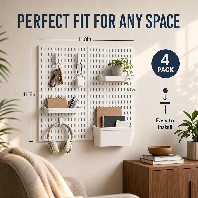 AKTOP Plastic Peg Board Wall Organizer 4-Pack, 12"x12" Pegboard Kit, White | Includes 13 Accessories, Adhesive or Drill Mounting, Superior Load Capacity, Ideal for Office, Gaming Room, Craft Room - Image 2