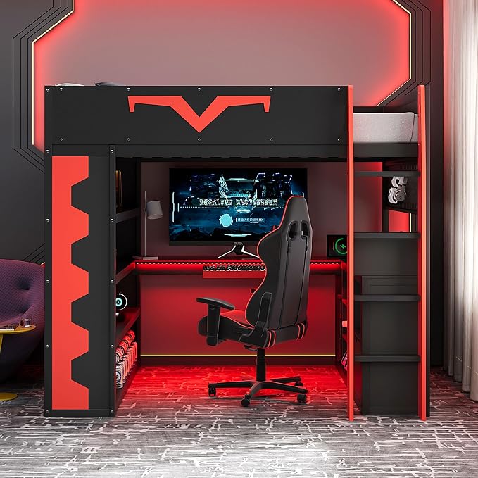 Merax Full Size Gaming Loft Bed with Desk and RGB LED Lights, Pro-Gamer Bed with Power Outlet, Large Bookshelf, Pegboard, Keyboard Tray & Drawer, Red - Image 3
