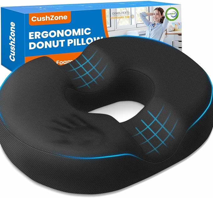 Donut Pillow Seat Cushion, Office Chair Cushion, Black, XX-Large | Ergonomic Design, Breathable Cover, for Tailbone Pain, Hemorrhoids & Long Sitting Hours, for Home & Office by CushZone