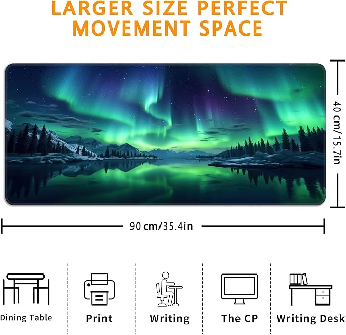 Green Aurora Desk Mat, XXL 35.4"x15.7" Large Mouse Pad, Aesthetic Extended Gaming Mouse Mat,Non-Slip Rubber Base Waterproof with Stitched Edges for Gaming Office Home Decor - Image 3