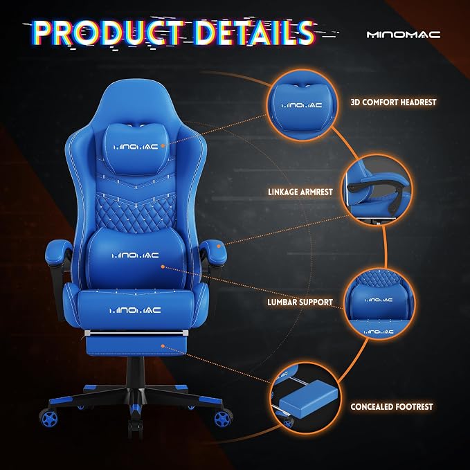 Gaming Chair,Big and Tall Gaming Chair 400lbs Office Chair with Footrest, 90-155° Recline & Removable Headrest Lumbar Support[Spring + 4D Sponge](Blue) - Image 4