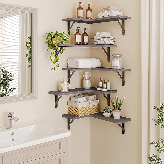Fixwal Corner Floating Shelves Set of 5, Rustic Wood Wall Mounted Corner Shelf for Bathroom, Kitchen, Bedroom, Home Decor, Laundry Room, Living Room(Gray) - Image 5