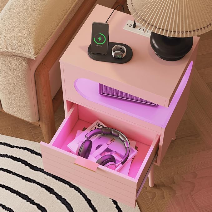 Veegle Nightstand,Modern Bedside Table with Storage Drawer and Open Wood Shelf, Accent Night Stand with Solid Wood Legs for Living Room, Bedroom and Small Spaces,Easy Assembly (Pink-1) - Image 8