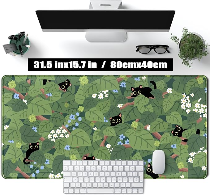 Kawaii Anime Aesthetic Black Cat Forest Plant Desk Mat, Green Sage XXL Large Extended Mouse Pad Gaming Cute Cats Desk pad, Laptop Keyboard and Mouse Mat for Women Desktop Office Decor 31.5x15.7 in - Image 2