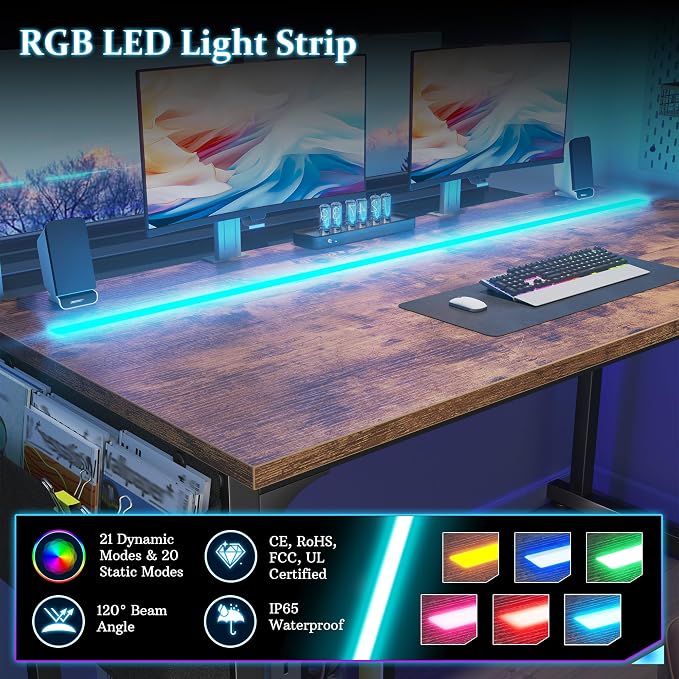 DurayLoly 32" Gaming Desk with Waterproof LED Lights for Bedroom,Brown - Image 5