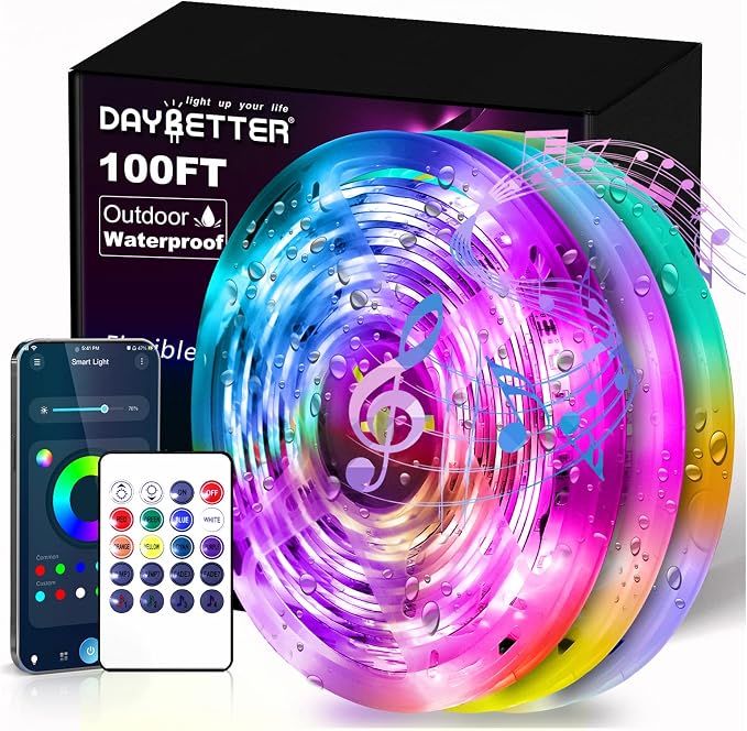 DAYBETTER 100 ft Outdoor Led Strip Lights Waterproof, Smart Light Strips with App Voice Control Remote, 5050 RGB Music Sync Color Changing Led Lights for Bedroom, Room Decor (3 Rolls of 32.8 ft) by DAYBETTER