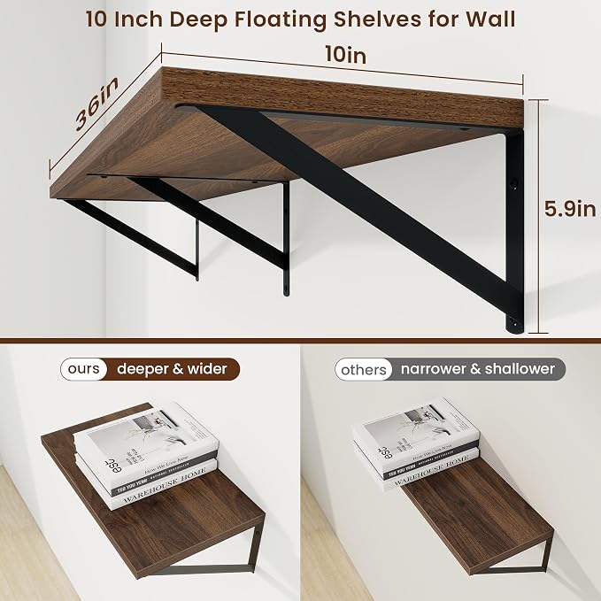 Axeman Deep Floating Shelves, 36'' x 10'' Walnut Wall Shelves Set of 2 - Image 3