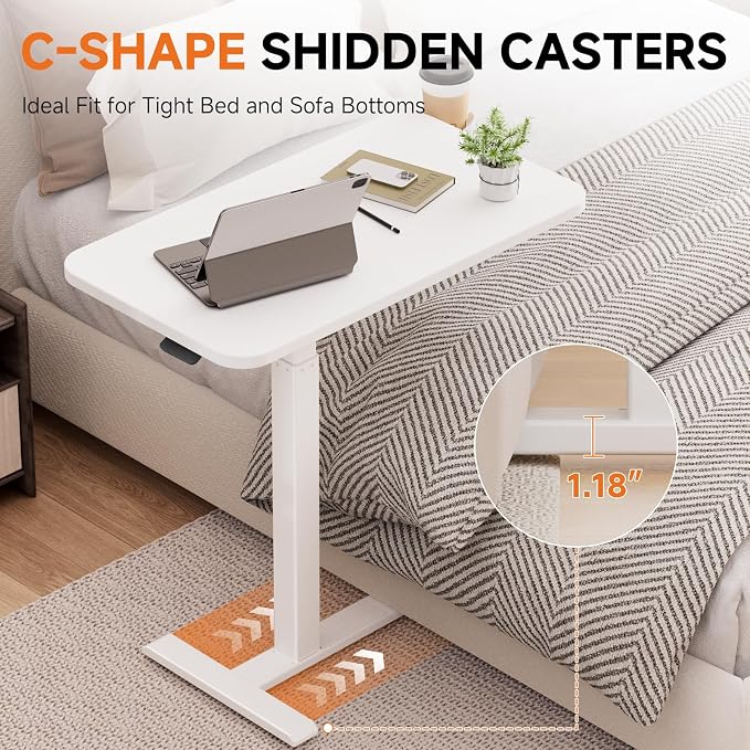GTPLAYER Small Standing Desk with Hidden Wheels, Pneumatic Mobile Rolling Laptop Desk, Adjustable Height Overbed Bedside Table Computer Workstation for Home Office (32" W x 16" D, White) - Image 5