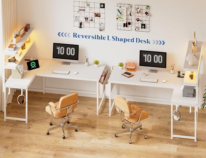 DurayLoly 53"White L Shaped Desk with LED Light & 5 Power Outlet for Gaming - Image 8