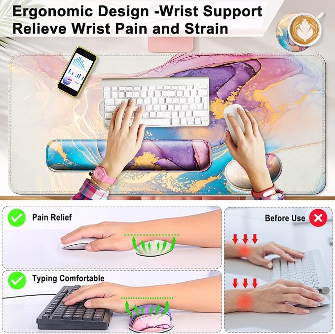4 in 1 Mouse Pad and Keyboard Wrist Rest,Large Desk Mat,Coaster Set-Marble - Image 2