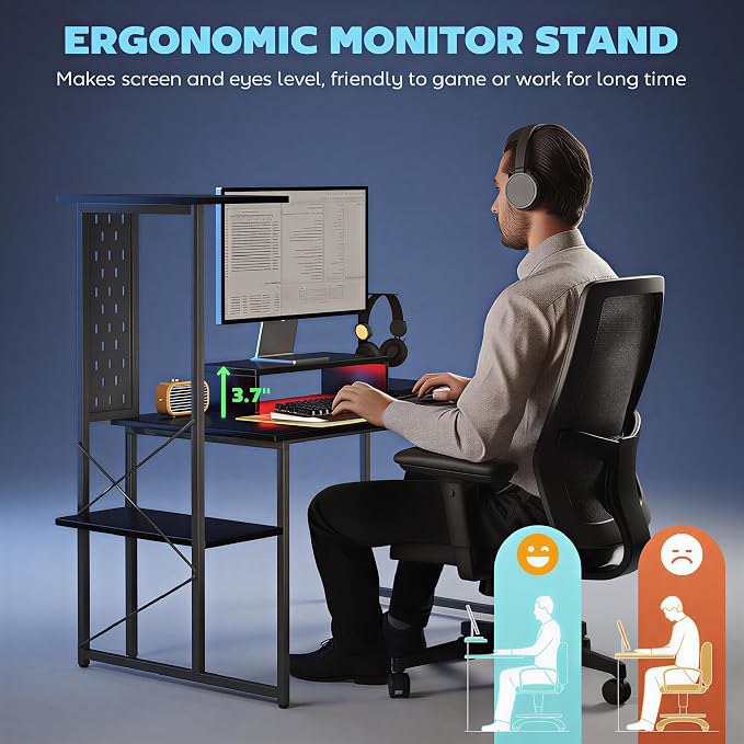 HOMCOM 56" Gaming Desk Monitor Stand Power Outlets LED Lights, Black | Computer Desk, Storage Shelves, Fabric Drawers, 2 CPU Stands, Pegboard, Home Office - Image 6