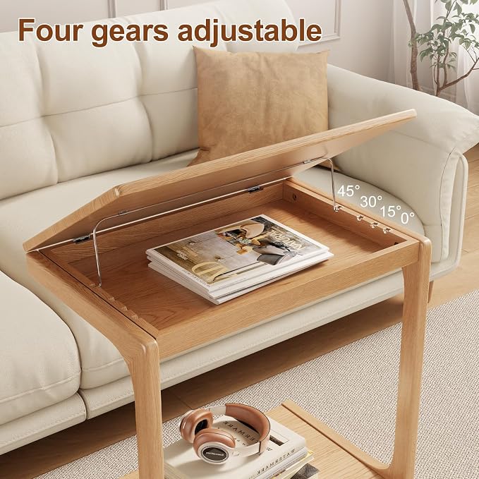 AQIMUELE Wooden C-Shaped End Table,Couch Table with Adjustable Desktop,Small Rolling Side Table with 2 Lockable Wheels 23.6" Width,Small End Table for Couch, Living Room,Bedroom (Natural) - Image 2