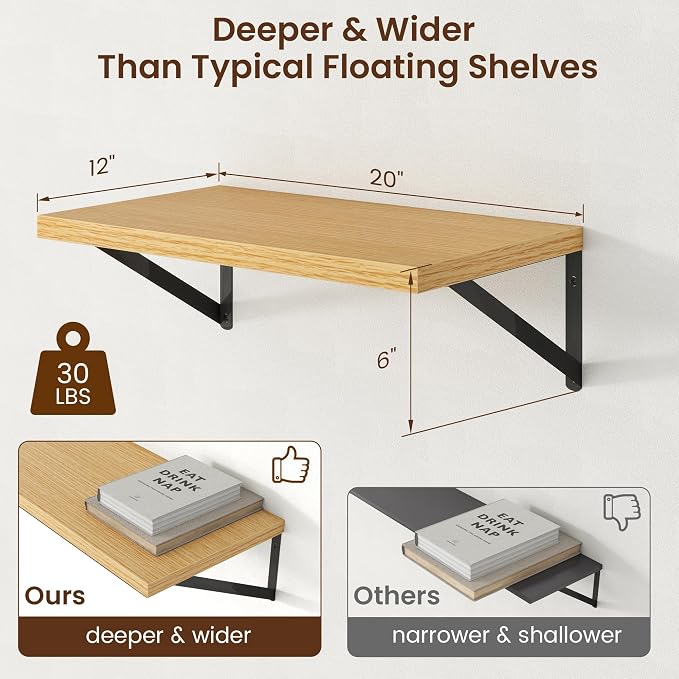 Axeman Deep Floating Shelves - 20 Inch Floating Shelves Set of 2-12 Inch Deep Oak Wall Shelves for Living Room Bathroom Kitchen - Image 3