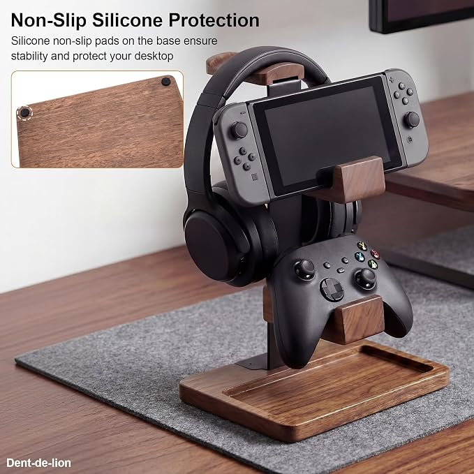 2-in-1 Solid Wood Headset Stand with Dual Game Controller Holder | Gaming Headphone Stand with Storage Base, 6 Joystick Sponge Rings and 8 Thumb Grips Gaming Equipment Accessories for Desk - Image 6