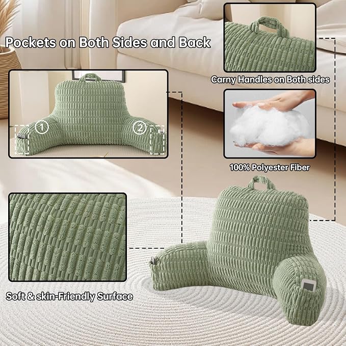 Large Reading Pillow for Sitting Up with Arms,Green Corduroy | Back Pillow for Adults Backrest,19" Sitting Pillow Supports Reading,Gaming & Relaxing in Bed,Couch,Floor - Image 5